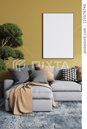 Empty frame for a picture or photo in the living room above the sofa. 3D rendering Empty frame for a picture or photo in the living room above the sofa. 3D rendering 123076748