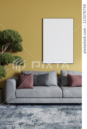 Empty frame for a picture or photo in the living room above the sofa. 3D rendering Empty frame for a picture or photo in the living room above the sofa. 3D rendering 123076749