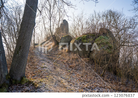 Old fortress ruins near chapel in a small czech town Petrohrad. Way of pilgrims, Czech republic. Old fortress ruins near chapel in a small czech town Petrohrad. Way of pilgrims, Czech republic. 123076837