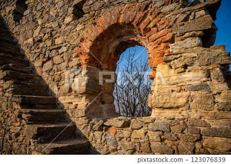 Old fortress ruins near chapel in a small czech town Petrohrad. Way of pilgrims, Czech republic. Old fortress ruins near chapel in a small czech town Petrohrad. Way of pilgrims, Czech republic. 123076839
