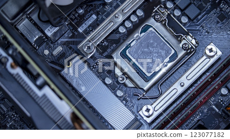 girl programmer apply thermal paste on the computer processor, macro photography 123077182