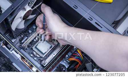 girl programmer apply thermal paste on the computer processor, macro photography girl programmer apply thermal paste on the computer processor, macro photography 123077205
