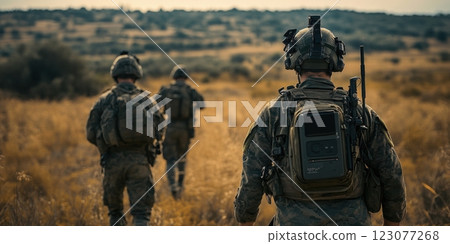 Soldiers in camouflage uniforms walking through dry field with tactical gear and communication devices, maintaining formation and vigilance during military patrol. 123077268