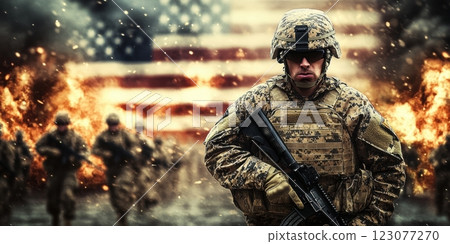 Soldier in camouflage uniform holding rifle, walking forward with determination against backdrop of explosion and American flag, symbolizing strength and patriotism. 123077270