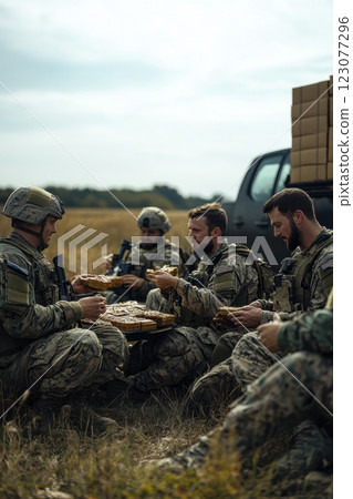 Soldiers in full gear sitting on grass, eating field rations together, sharing moment of camaraderie and resilience in outdoor military camp. 123077296