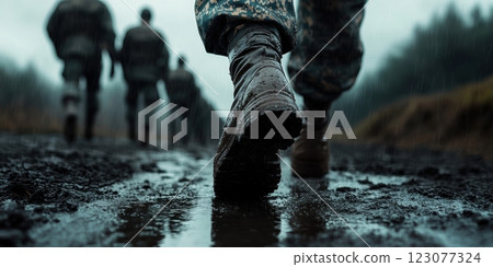 Soldiers marching through wet terrain under rain, boots covered in mud, symbolizing endurance, resilience, and commitment to military operations. 123077324