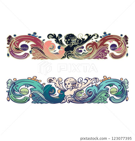 Vintage retro floral calligraphic art decorative elements sketch set with flowers and cherub isolated vector 123077395