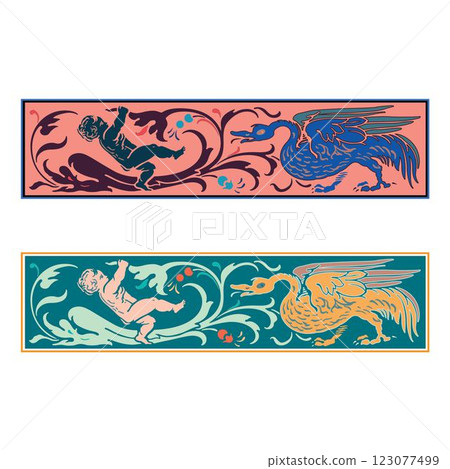 Vintage retro floral calligraphic art decorative elements colored sketch set with flowers and cherub and bird isolated vector 123077499