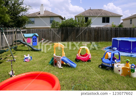 Children colorful playground at home green grass 123077602