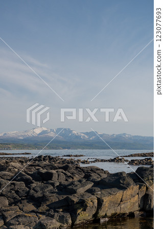 Coastline and snow-capped mountains 123077693