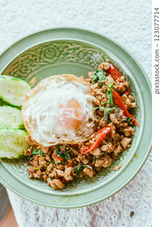 Stir Fried Basil Chicken , Fried Egg with Rice Stir Fried Basil Chicken , Fried Egg with Rice 123077714