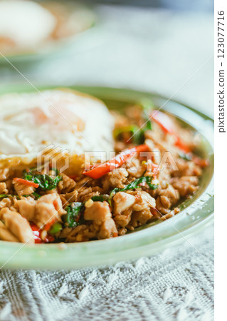 Stir Fried Basil Chicken , Fried Egg with Rice Stir Fried Basil Chicken , Fried Egg with Rice 123077716
