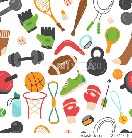 Seamless pattern with sports equipment. Boxing, ball, football, volleyball, tennis, racket, dumbbells, kettlebell, water bottle. Vector background for printing on textiles, fabrics, packaging. 123077796