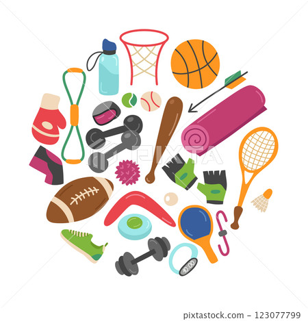 Sports equipment set of elements. Balls for American football and volleyball, punching bag, gloves, tennis racket, dumbbells, kettlebell, mat. Vector fitness collection in the shape of a circle. Sports equipment set of elements. Balls for American football and volleyball, punching bag, gloves, tennis racket, dumbbells, kettlebell, mat. Vector fitness collection in the shape of a circle. 123077799