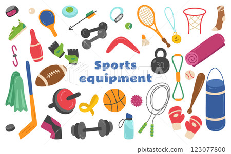 Sports equipment set of elements. Balls for American football and volleyball, punching bag and gloves, tennis racket, dumbbells, kettlebell, jump rope, mat. Vector collection for physical education. 123077800