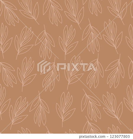 Seamless floral pattern with leaves on a beige background. Vector natural texture for eco-design of textiles, wallpaper, printing on paper, fabric, scrapbooking. Seamless floral pattern with leaves on a beige background. Vector natural texture for eco-design of textiles, wallpaper, printing on paper, fabric, scrapbooking. 123077803