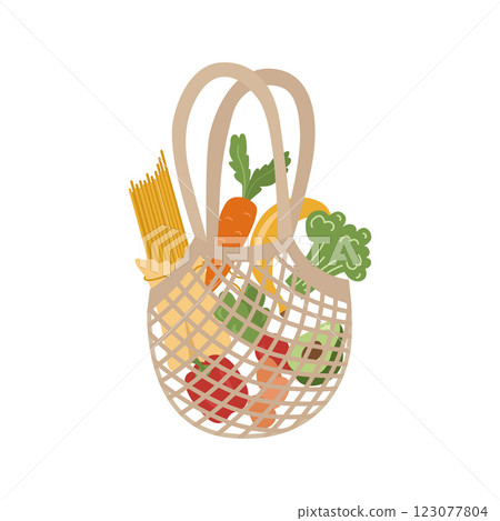 Eco friendly shopping bag knitted with useful products. In a grid of peppers, pasta, carrots, broccoli, bananas, avocado, eggs, radishes. Vector illustration for the reusable concept. Eco friendly shopping bag knitted with useful products. In a grid of peppers, pasta, carrots, broccoli, bananas, avocado, eggs, radishes. Vector illustration for the reusable concept. 123077804