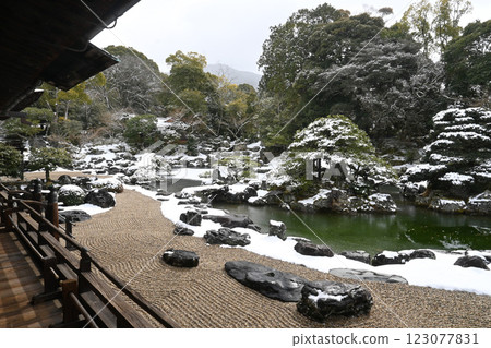 Snow-covered Sanboin Garden at Daigoji Temple, a World Heritage Site in Kyoto City 123077831