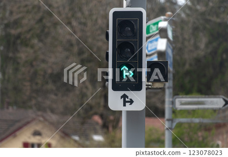 Green direcction traffic light on blurred city background 123078023