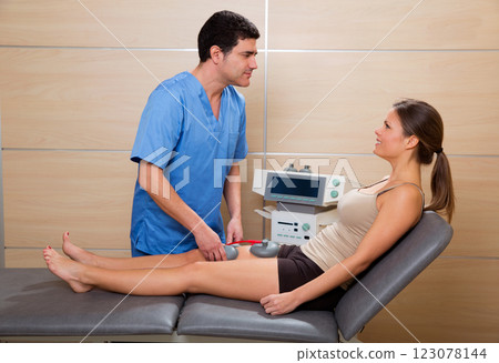 Doctor therapist checking muscle electrostimulation to woman Doctor therapist checking muscle electrostimulation to woman 123078144