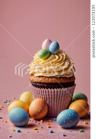Delicious and visually appealing Easter Cupcake adorned with beautiful, colorful Easter Eggs 123078195
