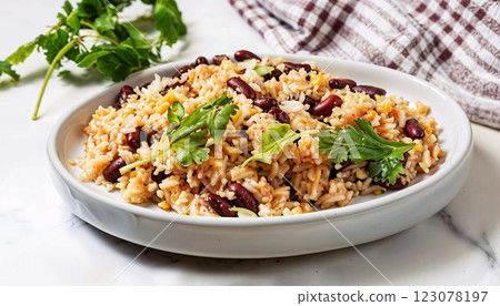 Delicious Red Bean Rice Served with a Beautiful Cilantro Garnish for Extra Flavor 123078197
