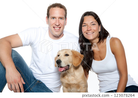 couple in love puppy dog golden retriever 123078264