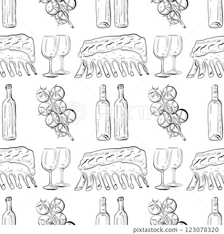 vector seamless pattern line art elements - food, cuisine vector seamless pattern line art elements - food, cuisine 123078320