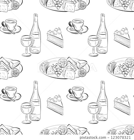 vector seamless pattern line art elements - food, cuisine 123078321