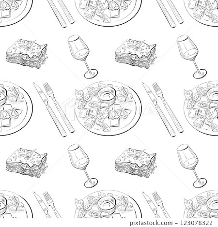 vector seamless pattern line art elements - food, cuisine vector seamless pattern line art elements - food, cuisine 123078322