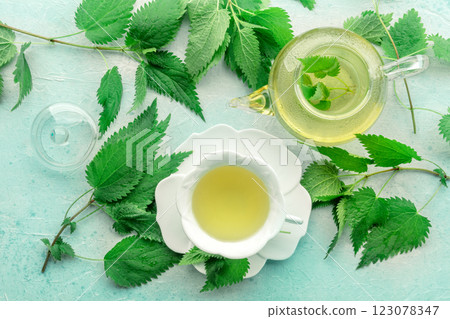 Nettle tea. Medicinal herbal tea with Urtica leaves. Fresh wild herb 123078347