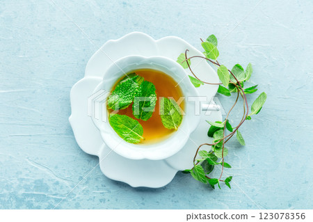 Mint tea. A cup of peppermint tea with fresh mint leaves, overhead 123078356