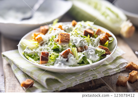 Healthy Caesar salad made with Romaine lettuce, croutons, tzatziki dressing and parmesan cheese. Healthy Caesar salad made with Romaine lettuce, croutons, tzatziki dressing and parmesan cheese. 123078412