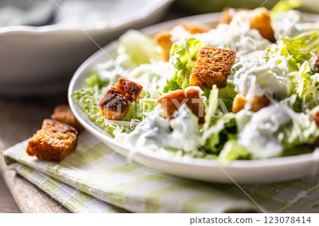 Healthy Caesar salad made with Romaine lettuce, croutons, tzatziki dressing and parmesan cheese. Healthy Caesar salad made with Romaine lettuce, croutons, tzatziki dressing and parmesan cheese. 123078414