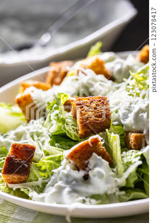 Healthy Caesar salad made with Romaine lettuce, croutons, tzatziki dressing and parmesan cheese. Healthy Caesar salad made with Romaine lettuce, croutons, tzatziki dressing and parmesan cheese. 123078417