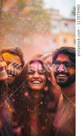 Group of friends celebrating Holi, vibrant Hindu festival of colors, with colorful powder being thrown and laughter filling the air. 123078460