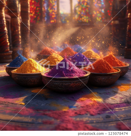 Traditional metal bowls filled with vibrant Holi powders placed on festive ground with sparkling light reflections. Traditional metal bowls filled with vibrant Holi powders placed on festive ground with sparkling light reflections. 123078474