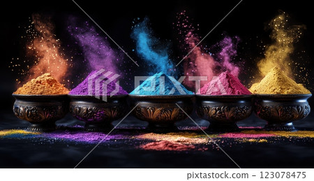 Decorative metal bowls containing Holi powder in purple, blue, pink, yellow, and orange with powder dispersing in air. 123078475