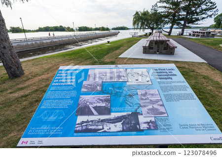 Sainte-Anne-de-Bellevue, Quebec, Canada - August 27 2021 : Sainte-Anne-de-Bellevue Canal National Historic Site of Canada. 123078496