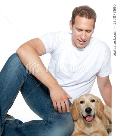 man with dog golden retriever puppy 123078690