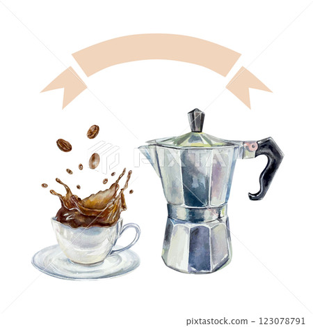 Cup of coffee with splashes of drink, metal geyser coffee maker, roasted beans, template for text. Hand drawn vector illustration. For postcards, invitations, posters for cozy cafes, large banners. Cup of coffee with splashes of drink, metal geyser coffee maker, roasted beans, template for text. Hand drawn vector illustration. For postcards, invitations, posters for cozy cafes, large banners. 123078791