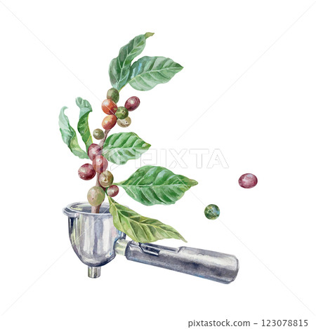 Coffee branch with leaves and berries, metal horn, watercolor. Hand drawn vector illustration. For postcards, invitations, large banners of cozy cafes, posters, labels. Coffee branch with leaves and berries, metal horn, watercolor. Hand drawn vector illustration. For postcards, invitations, large banners of cozy cafes, posters, labels. 123078815