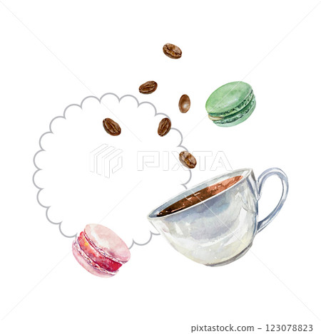 Cup of coffee, roasted beans, macaroons, watercolor. Hand drawn vector illustration. For postcards, invitations, posters for cozy cafes, large banners, labels. 123078823