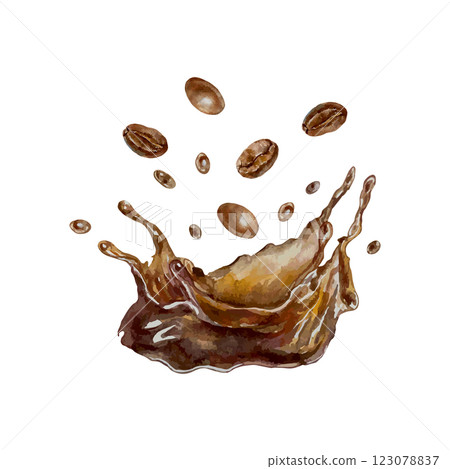 Splash of coffee with drops and roasted brown beans. Hand drawn vector illustration. For postcards, invitations, posters for pastry shops and cafes, large banners, labels. 123078837
