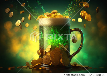 St.Patrick 's day background with green beer and golden coins. St.Patrick 's day background with green beer and golden coins. 123078838