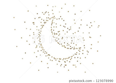 Crescent moon shaped frame, wreath of little golden stars confetti isolated on background. Falling tinsel. Festive party decoration. Ramadan Kareem, Eid mubarak holiday concept. Vector illustration 123078990