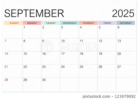 Calendar September 2025 page isolated on white background, Save clipping path. 123079092