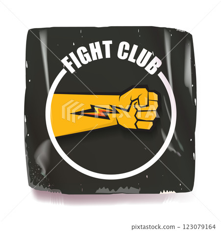 fight club vector grey sticker with logo and orange man fist isolated on white background. MMA Mixed martial arts concept banner and poster design template. Fight club grunge label, icon design 123079164