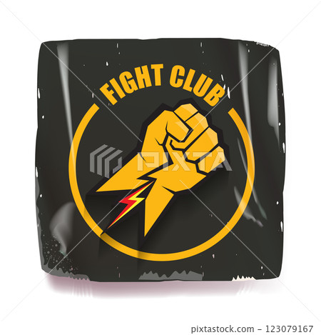 fight club vector grey sticker with logo and orange man fist isolated on white background. MMA Mixed martial arts concept banner and poster design template. Fight club grunge label, icon design 123079167