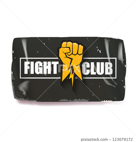 fight club vector grey sticker with logo and orange man fist isolated on white background. MMA Mixed martial arts concept banner and poster design template. Fight club grunge label, icon design 123079172